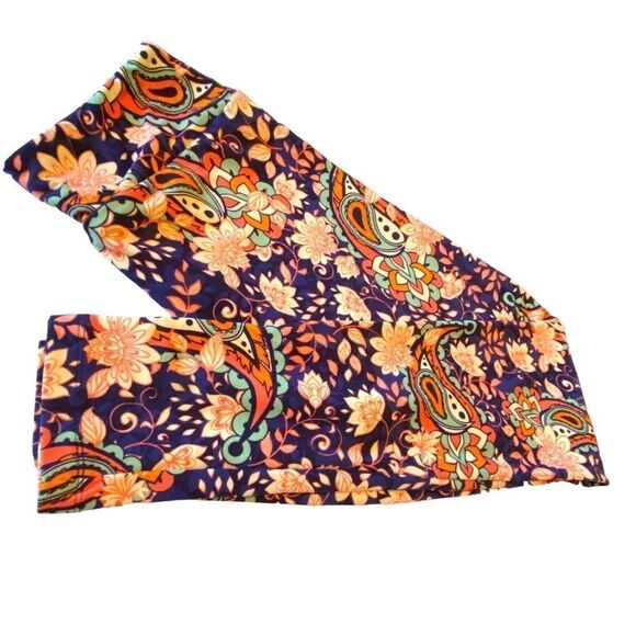1261 LuLaRoe Leggings Size OS Purple Orange Cream Floral Print New - Picture 1 of 4